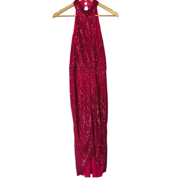 Saylor Shana Cocktail Sequin Dress Pink Halter Sheath Midi Hi Lo Medium M - Picture 2 of 13